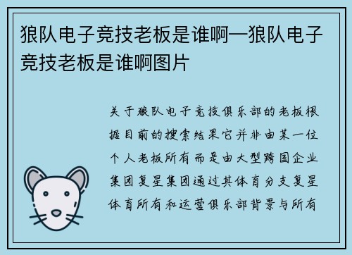 狼队电子竞技老板是谁啊—狼队电子竞技老板是谁啊图片